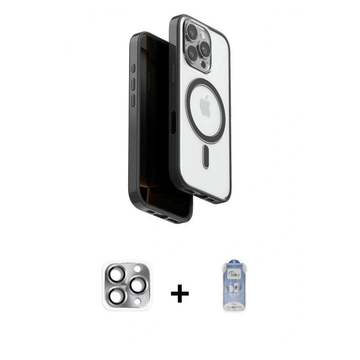 MARSİLYAN™- iPhone 16 Pro Max Kılıf Pusula Form Serisi - Siyah Joko Magic 5D Cam + Pers Alüminyum Kamera Lens - GI