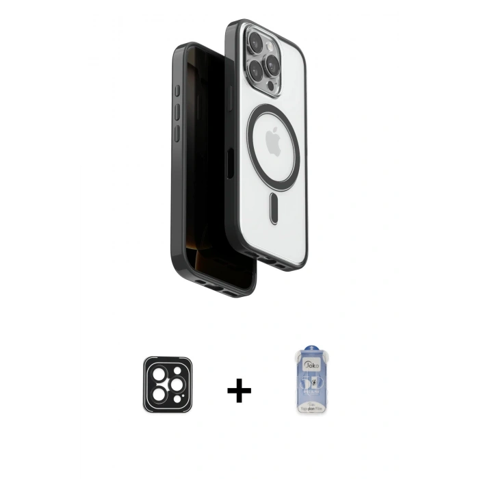 MARSİLYAN™- iPhone 16 Pro Max Kılıf Pusula Form Serisi - Siyah Joko Magic 5D Cam + PVD Metal Kamera Lens - SH