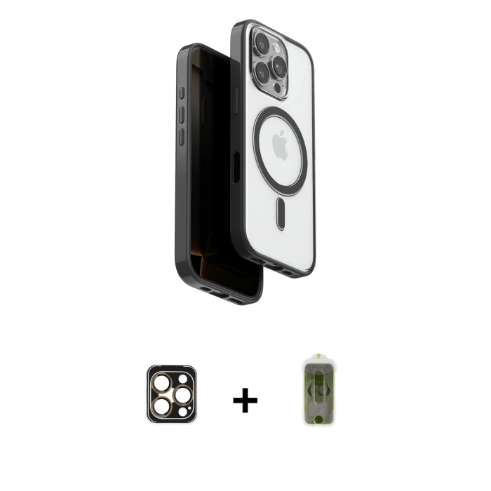 MARSİLYAN™- iPhone 16 Pro Max Kılıf Pusula Form Serisi - Siyah Joko Magic 5D Hayalet Cam + PVD Metal Kamera Lens - GD