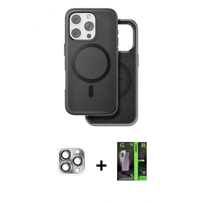 MARSİLYAN™- iPhone 16 Pro Max Kılıf Pusula Işık Koleksiyonu - Şeffaf 360 Full Body Arka Koruyucu + Gri Pers Alüminyum Kamera Lens