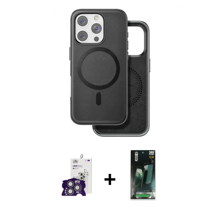 MARSİLYAN™- iPhone 16 Pro Max Kılıf Pusula Işık Koleksiyonu - Siyah 360 Mat Full Body Arka Koruyucu + Bilvis Titan Kamera Lens - GS