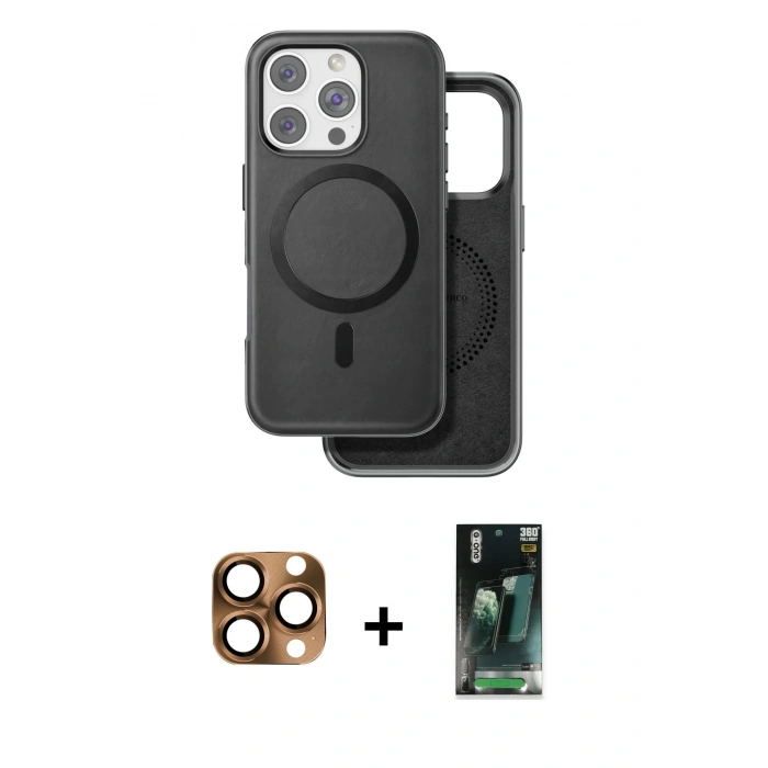 MARSİLYAN™- iPhone 16 Pro Max Kılıf Pusula Işık Koleksiyonu - Siyah 360 Mat Full Body Arka Koruyucu + Çöl Titanyum Pers Alüminyum Kamera Lens