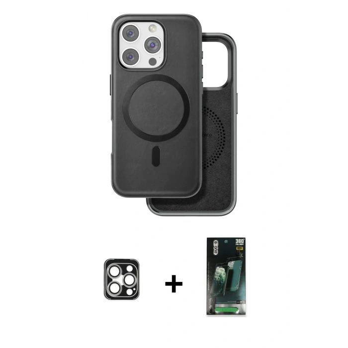 MARSİLYAN™- iPhone 16 Pro Max Kılıf Pusula Işık Koleksiyonu - Siyah 360 Mat Full Body Arka Koruyucu + PVD Metal Kamera Lens - GS