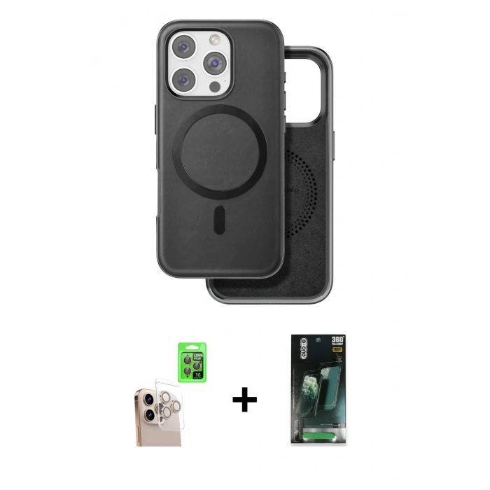 MARSİLYAN™- iPhone 16 Pro Max Kılıf Pusula Işık Koleksiyonu - Siyah 360 Mat Full Body Arka Koruyucu + Raze Metal Kamera Lens - NLGY