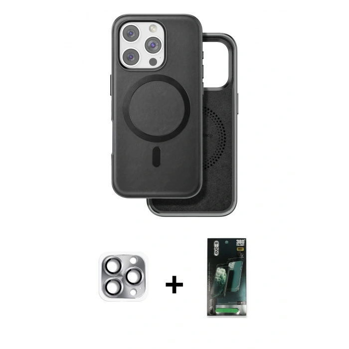 MARSİLYAN™- iPhone 16 Pro Max Kılıf Pusula Işık Koleksiyonu - Siyah 360 Mat Full Body Arka Koruyucu + Pers Alüminyum Kamera Lens - GI