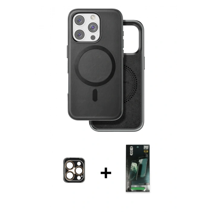 MARSİLYAN™- iPhone 16 Pro Max Kılıf Pusula Işık Koleksiyonu - Siyah 360 Mat Full Body Arka Koruyucu + PVD Metal Kamera Lens - GD
