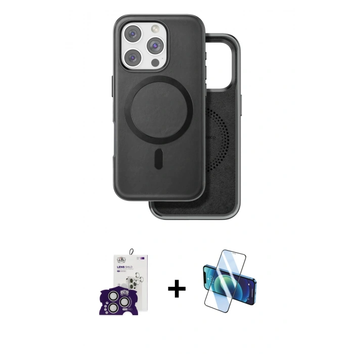 MARSİLYAN™- iPhone 16 Pro Max Kılıf Pusula Işık Koleksiyonu - Siyah 3D Antistatik Cam Ekran Koruyucu + Bilvis Titan Kamera Lens - GS