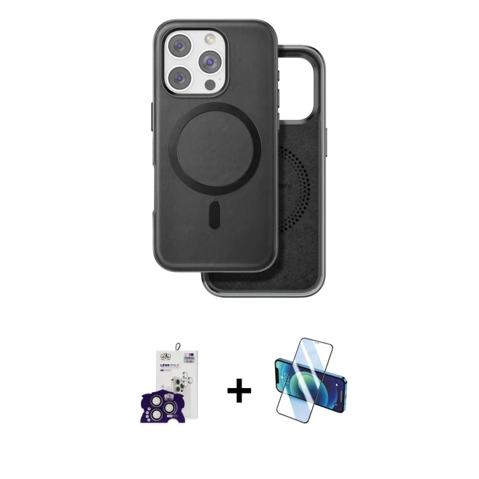 MARSİLYAN™- iPhone 16 Pro Max Kılıf Pusula Işık Koleksiyonu - Siyah 3D Antistatik Cam Ekran Koruyucu + Bilvis Titan Kamera Lens - TMGI