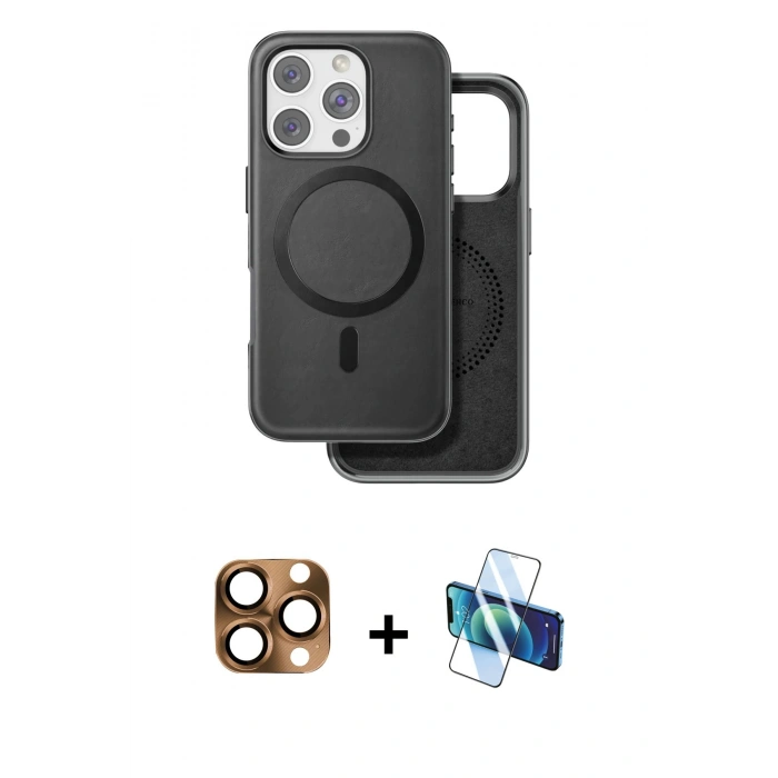 MARSİLYAN™- iPhone 16 Pro Max Kılıf Pusula Işık Koleksiyonu - Siyah 3D Antistatik Cam Ekran Koruyucu + Pers Alüminyum Kamera Lens - CLTM