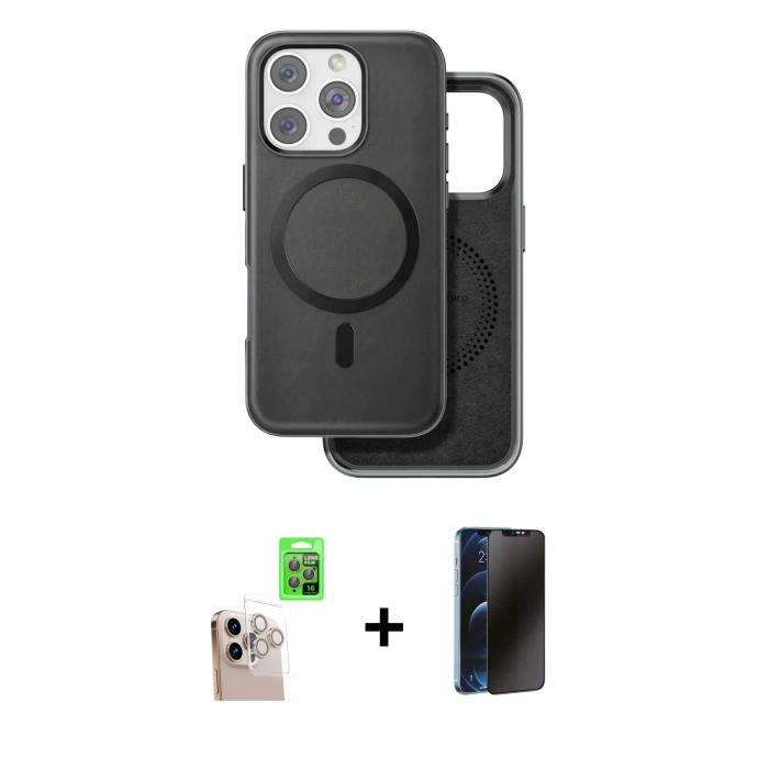 MARSİLYAN™- iPhone 16 Pro Max Kılıf Pusula Işık Koleksiyonu - Siyah 3D Antistatik Hayalet Cam Ekran Koruyucu + Raze Metal Kamera Lens - NLGY