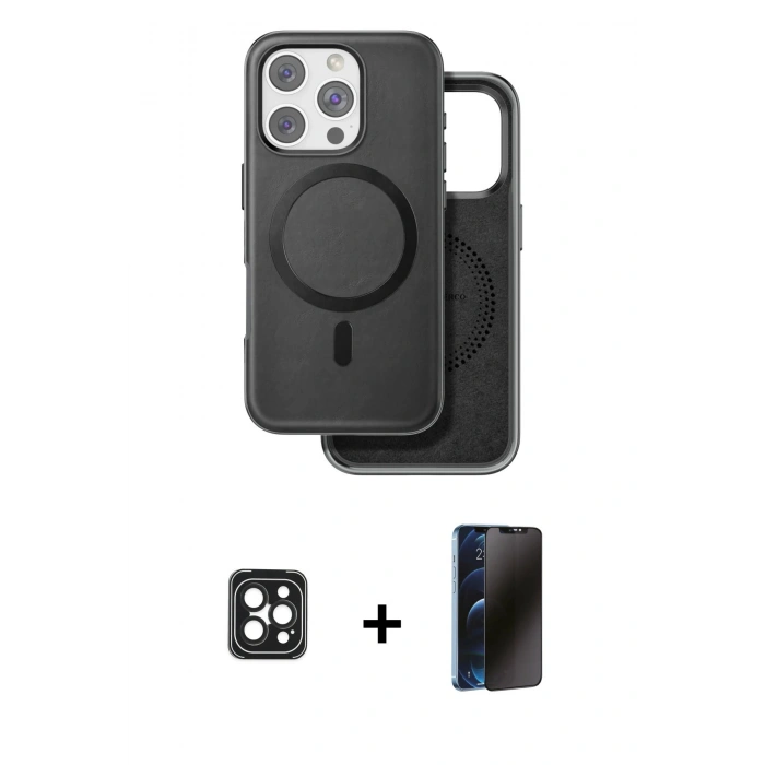 MARSİLYAN™- iPhone 16 Pro Max Kılıf Pusula Işık Koleksiyonu - Siyah 3D Antistatik Hayalet Cam Ekran Koruyucu + PVD Metal Kamera Lens - SH