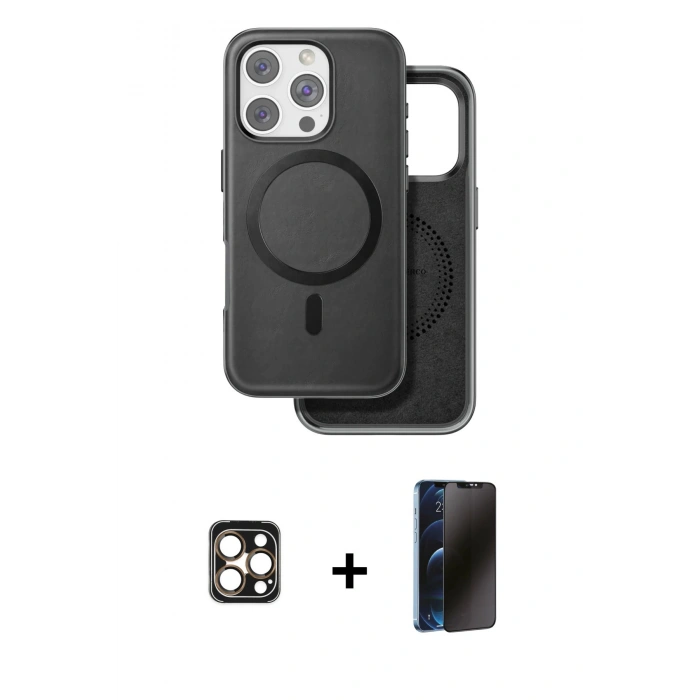 MARSİLYAN™- iPhone 16 Pro Max Kılıf Pusula Işık Koleksiyonu - Siyah 3D Antistatik Hayalet Cam Ekran Koruyucu + PVD Metal Kamera Lens - GD
