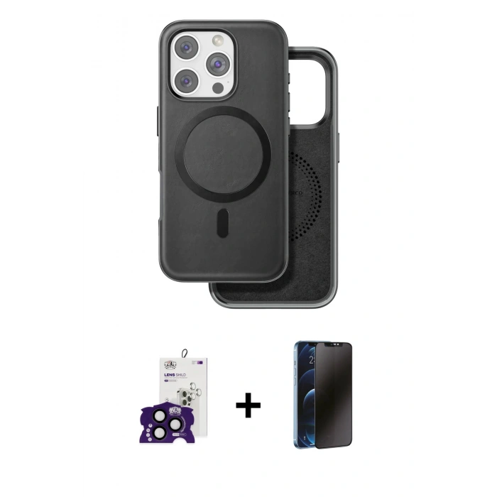 MARSİLYAN™- iPhone 16 Pro Max Kılıf Pusula Işık Koleksiyonu - Siyah 3D Antistatik Hayalet Cam Ekran Koruyucu + Bilvis Titan Kamera Lens - SH