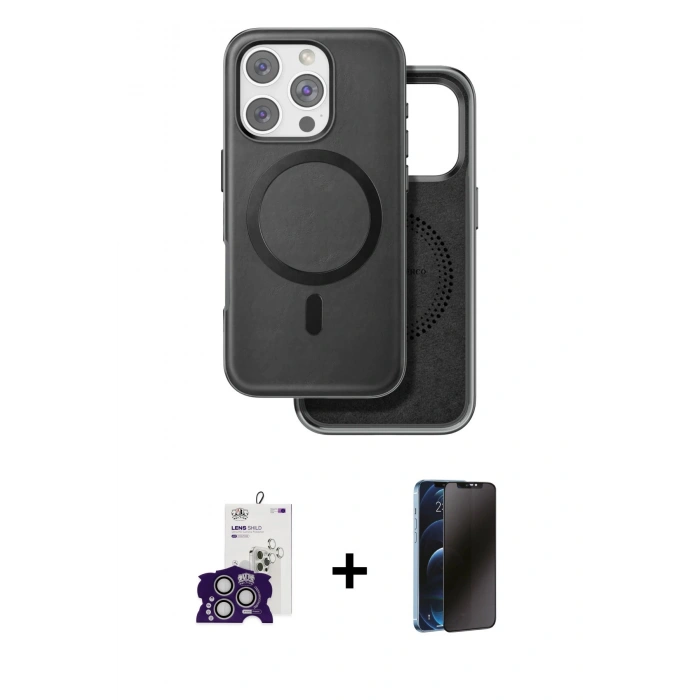 MARSİLYAN™- iPhone 16 Pro Max Kılıf Pusula Işık Koleksiyonu - Siyah 3D Antistatik Hayalet Cam Ekran Koruyucu + Bilvis Titan Kamera Lens - GS
