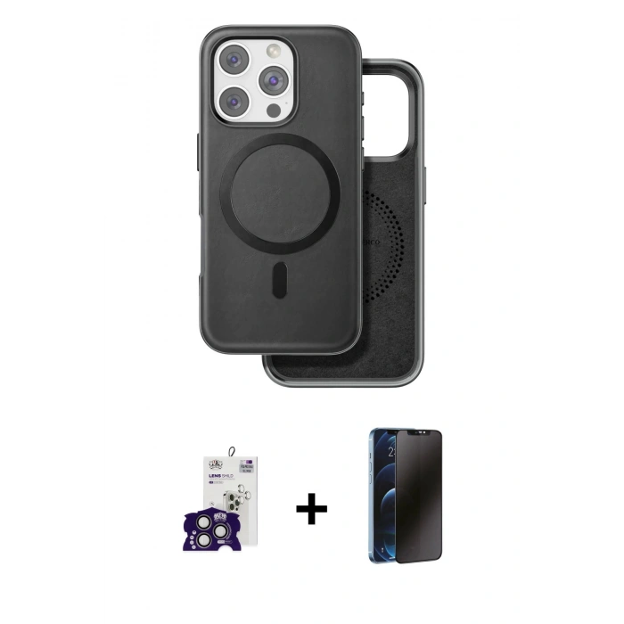 MARSİLYAN™- iPhone 16 Pro Max Kılıf Pusula Işık Koleksiyonu - Siyah 3D Antistatik Hayalet Cam Ekran Koruyucu + Bilvis Titan Kamera Lens - TMGI