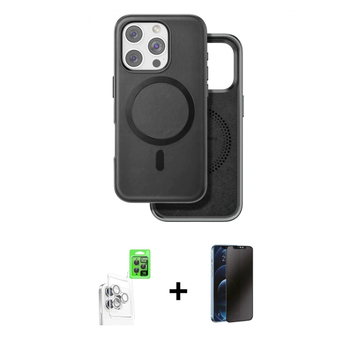 MARSİLYAN™- iPhone 16 Pro Max Kılıf Pusula Işık Koleksiyonu - Siyah 3D Antistatik Hayalet Cam Ekran Koruyucu + Raze Metal Kamera Lens - BZ
