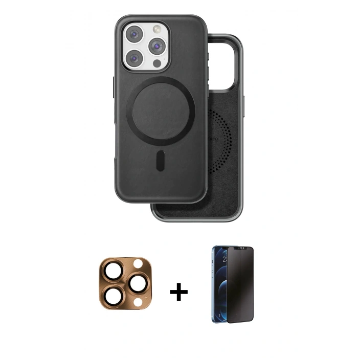 MARSİLYAN™- iPhone 16 Pro Max Kılıf Pusula Işık Koleksiyonu - Siyah 3D Antistatik Hayalet Cam Ekran Koruyucu + Pers Alüminyum Kamera Lens - CLTM