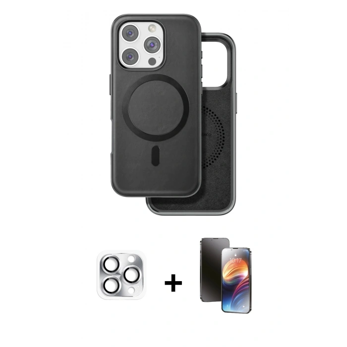 MARSİLYAN™- iPhone 16 Pro Max Kılıf Pusula Işık Koleksiyonu - Siyah 3D Antistatik Mat Seramik Nano Ekran Koruyucu + Pers Alüminyum Kamera Lens - GS