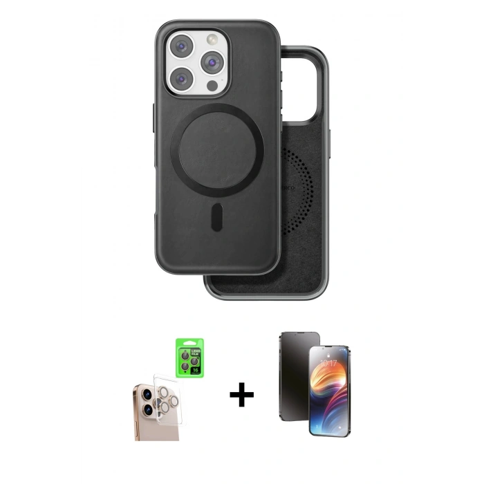 MARSİLYAN™- iPhone 16 Pro Max Kılıf Pusula Işık Koleksiyonu - Siyah 3D Antistatik Mat Seramik Nano Ekran Koruyucu + Raze Metal Kamera Lens - NLGY
