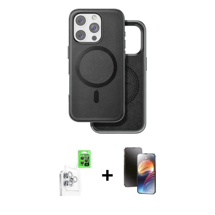 MARSİLYAN™- iPhone 16 Pro Max Kılıf Pusula Işık Koleksiyonu - Siyah 3D Antistatik Mat Seramik Nano Ekran Koruyucu + Beyaz Raze Metal Kamera Lens
