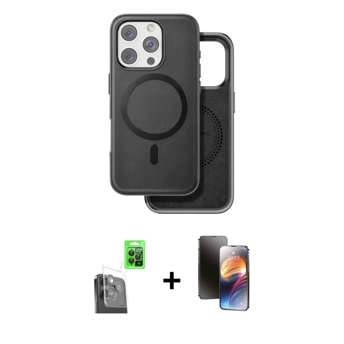 MARSİLYAN™- iPhone 16 Pro Max Kılıf Pusula Işık Koleksiyonu - Siyah 3D Antistatik Mat Seramik Nano Ekran Koruyucu + Raze Metal Kamera Lens - SH