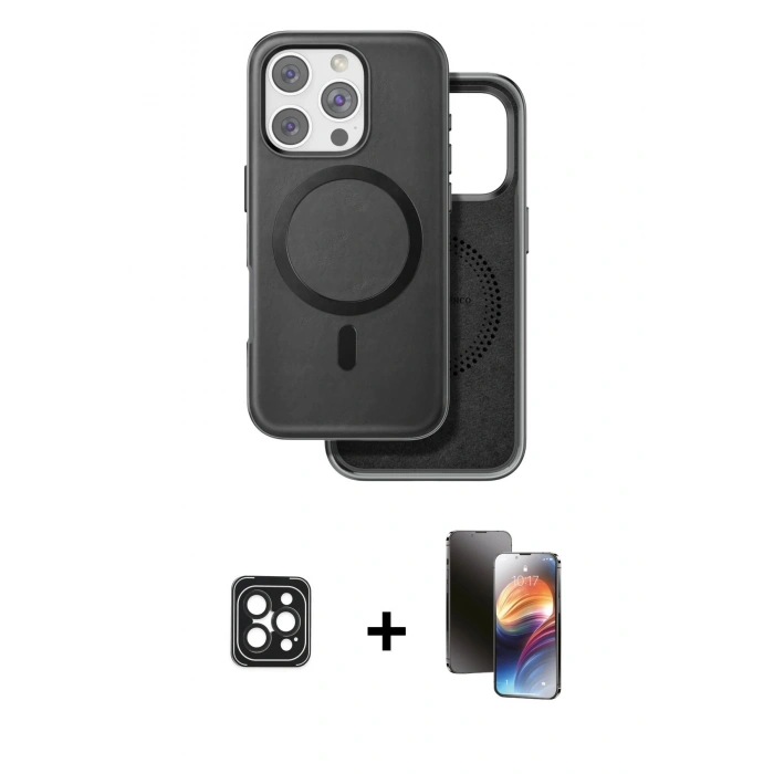 MARSİLYAN™- iPhone 16 Pro Max Kılıf Pusula Işık Koleksiyonu - Siyah 3D Antistatik Mat Seramik Nano Ekran Koruyucu + PVD Metal Kamera Lens - SH