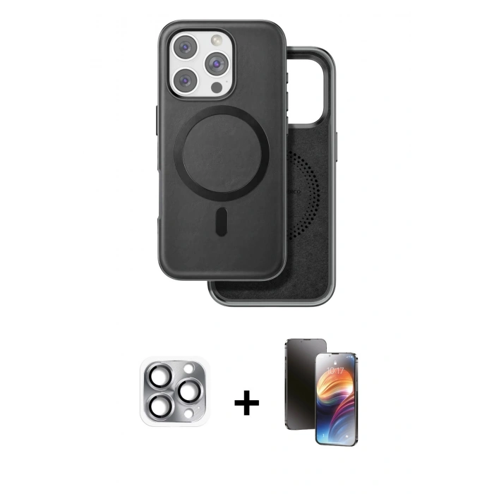 MARSİLYAN™- iPhone 16 Pro Max Kılıf Pusula Işık Koleksiyonu - Siyah 3D Antistatik Mat Seramik Nano Ekran Koruyucu + Pers Alüminyum Kamera Lens - GI