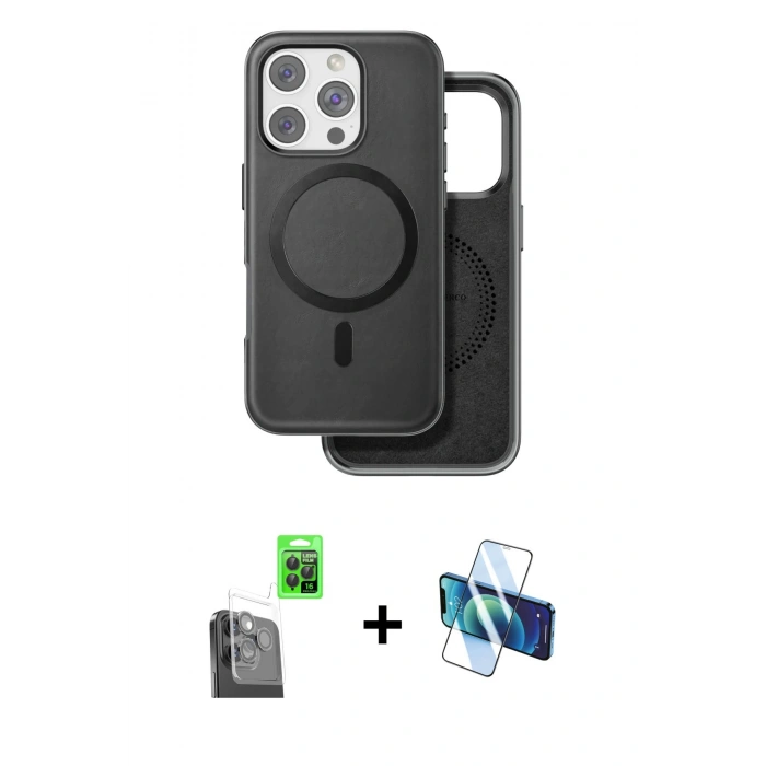 MARSİLYAN™- iPhone 16 Pro Max Kılıf Pusula Işık Koleksiyonu - Siyah 3D Antistatik Seramik Nano Ekran Koruyucu + Siyah Raze Metal Kamera Lens