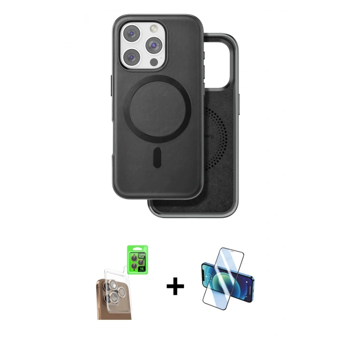 MARSİLYAN™- iPhone 16 Pro Max Kılıf Pusula Işık Koleksiyonu - Siyah 3D Antistatik Seramik Nano Ekran Koruyucu + Raze Metal Kamera Lens - CLTM
