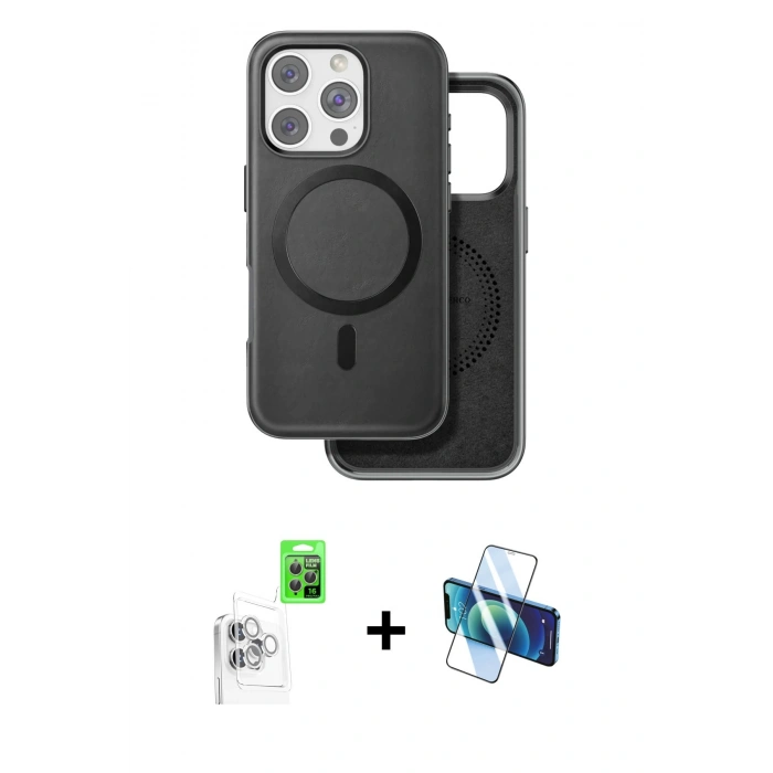 MARSİLYAN™- iPhone 16 Pro Max Kılıf Pusula Işık Koleksiyonu - Siyah 3D Antistatik Seramik Nano Ekran Koruyucu + Raze Metal Kamera Lens - BZ