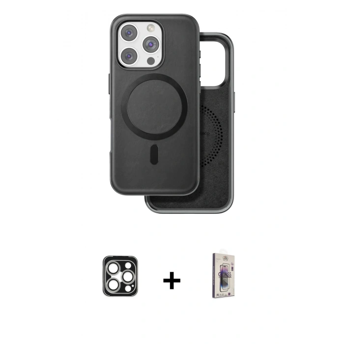 MARSİLYAN™- iPhone 16 Pro Max Kılıf Pusula Işık Koleksiyonu - Siyah Bilvis 3D Cam Ekran Koruyucu + Gümüş PVD Metal Kamera Lens