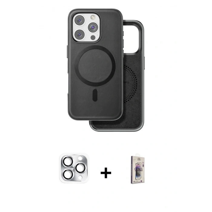 MARSİLYAN™- iPhone 16 Pro Max Kılıf Pusula Işık Koleksiyonu - Siyah Bilvis 3D Cam Ekran Koruyucu + Pers Alüminyum Kamera Lens - GS