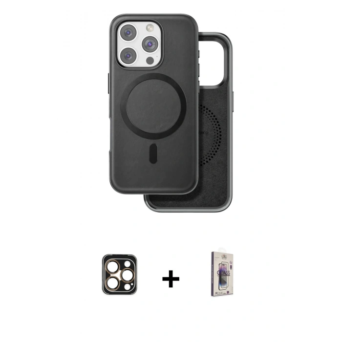 MARSİLYAN™- iPhone 16 Pro Max Kılıf Pusula Işık Koleksiyonu - Siyah Bilvis 3D Cam Ekran Koruyucu + PVD Metal Kamera Lens - GD
