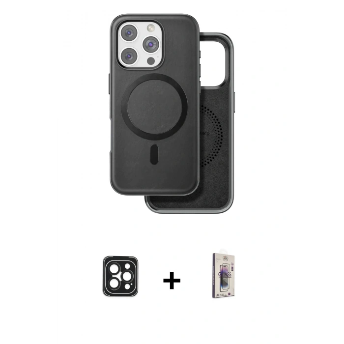 MARSİLYAN™- iPhone 16 Pro Max Kılıf Pusula Işık Koleksiyonu - Siyah Bilvis 3D Cam Ekran Koruyucu + PVD Metal Kamera Lens - SH
