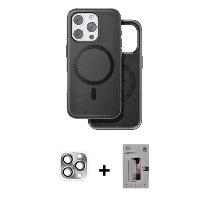 MARSİLYAN™- iPhone 16 Pro Max Kılıf Pusula Işık Koleksiyonu - Siyah Bilvis 3D Mat Cam Ekran Koruyucu + Pers Alüminyum Kamera Lens - GI
