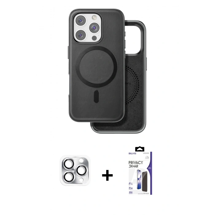 MARSİLYAN™- iPhone 16 Pro Max Kılıf Pusula Işık Koleksiyonu - Siyah Bilvis 3X AR Hayalet Cam Ekran Koruyucu + Pers Alüminyum Kamera Lens - GS