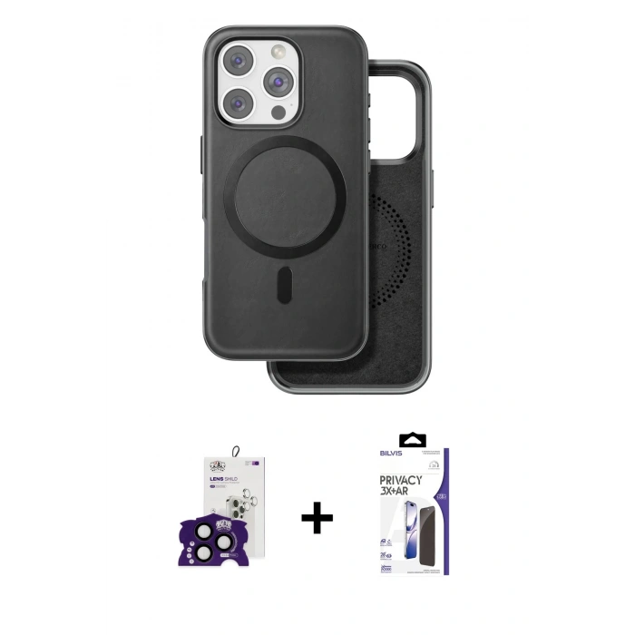 MARSİLYAN™- iPhone 16 Pro Max Kılıf Pusula Işık Koleksiyonu - Siyah Bilvis 3X AR Hayalet Cam Ekran Koruyucu + Bilvis Titan Kamera Lens - SH
