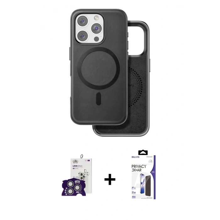 MARSİLYAN™- iPhone 16 Pro Max Kılıf Pusula Işık Koleksiyonu - Siyah Bilvis 3X AR Hayalet Cam Ekran Koruyucu + Bilvis Titan Kamera Lens - GS
