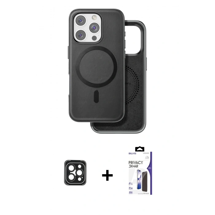 MARSİLYAN™- iPhone 16 Pro Max Kılıf Pusula Işık Koleksiyonu - Siyah Bilvis 3X AR Hayalet Cam Ekran Koruyucu + PVD Metal Kamera Lens - SH