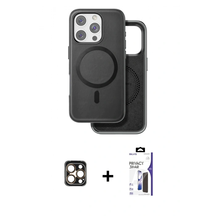 MARSİLYAN™- iPhone 16 Pro Max Kılıf Pusula Işık Koleksiyonu - Siyah Bilvis 3X AR Hayalet Cam Ekran Koruyucu + PVD Metal Kamera Lens - GD