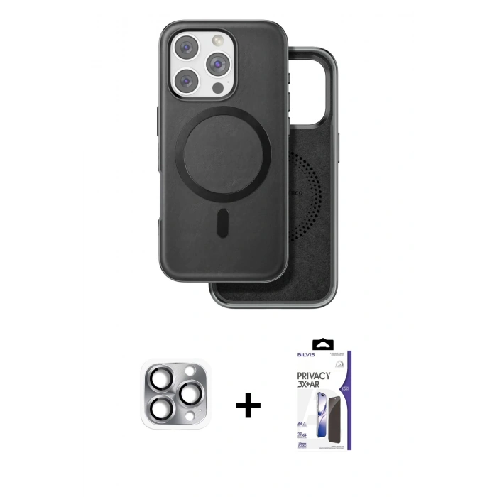 MARSİLYAN™- iPhone 16 Pro Max Kılıf Pusula Işık Koleksiyonu - Siyah Bilvis 3X AR Hayalet Cam Ekran Koruyucu + Pers Alüminyum Kamera Lens - GI