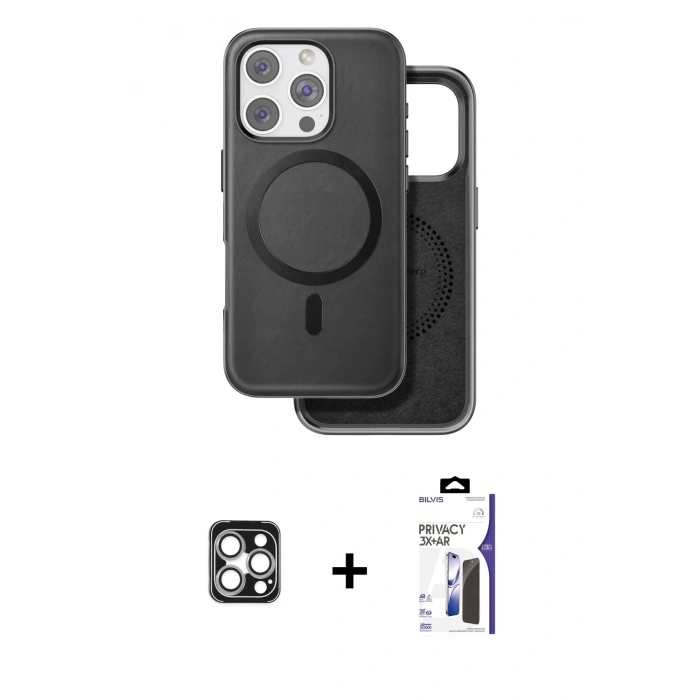 MARSİLYAN™- iPhone 16 Pro Max Kılıf Pusula Işık Koleksiyonu - Siyah Bilvis 3X AR Hayalet Cam Ekran Koruyucu + PVD Metal Kamera Lens - GS