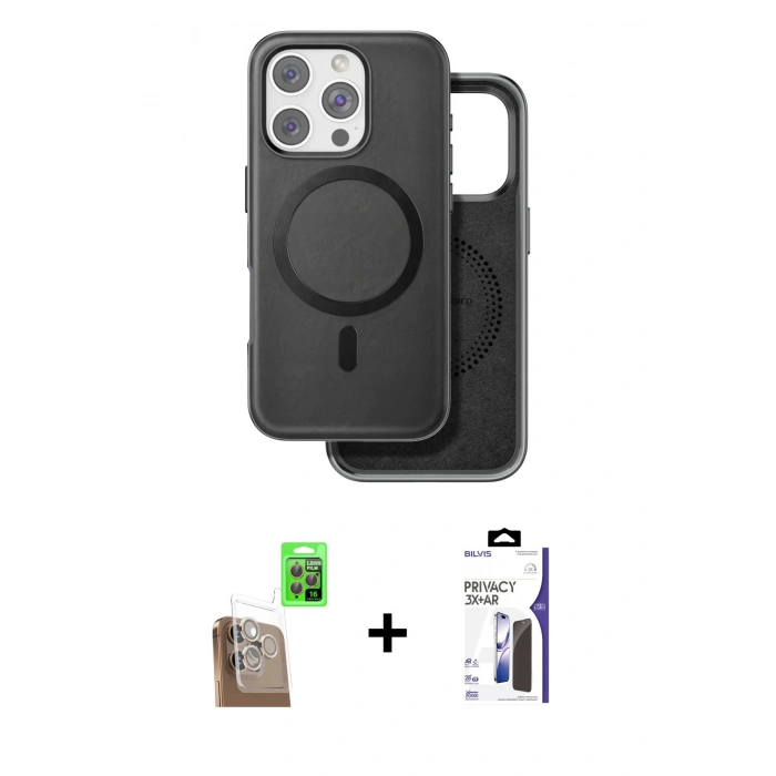 MARSİLYAN™- iPhone 16 Pro Max Kılıf Pusula Işık Koleksiyonu - Siyah Bilvis 3X AR Hayalet Cam Ekran Koruyucu + Raze Metal Kamera Lens - CLTM