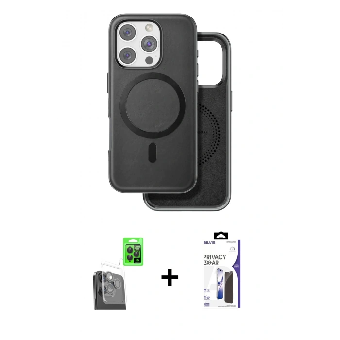 MARSİLYAN™- iPhone 16 Pro Max Kılıf Pusula Işık Koleksiyonu - Siyah Bilvis 3X AR Hayalet Cam Ekran Koruyucu + Raze Metal Kamera Lens - SH