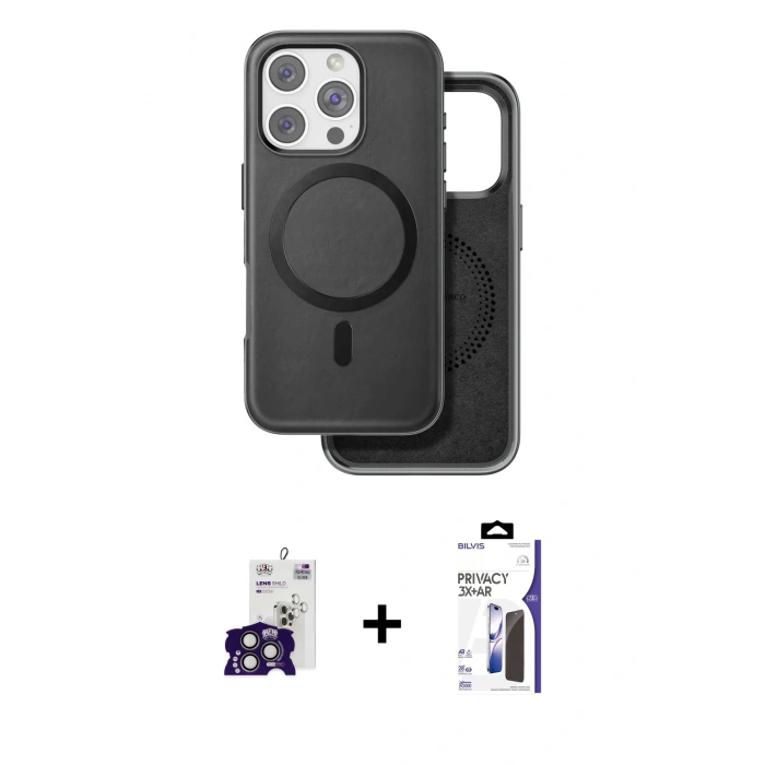 MARSİLYAN™- iPhone 16 Pro Max Kılıf Pusula Işık Koleksiyonu - Siyah Bilvis 3X AR Hayalet Cam Ekran Koruyucu + Bilvis Titan Kamera Lens - TMGI