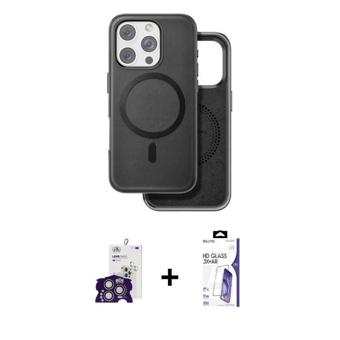 MARSİLYAN™- iPhone 16 Pro Max Kılıf Pusula Işık Koleksiyonu - Siyah Bilvis 3X AR HD Cam Ekran Koruyucu + Bilvis Titan Kamera Lens - GS
