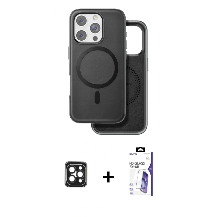 MARSİLYAN™- iPhone 16 Pro Max Kılıf Pusula Işık Koleksiyonu - Siyah Bilvis 3X AR HD Cam Ekran Koruyucu + PVD Metal Kamera Lens - SH