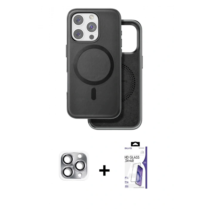 MARSİLYAN™- iPhone 16 Pro Max Kılıf Pusula Işık Koleksiyonu - Siyah Bilvis 3X AR HD Cam Ekran Koruyucu + Pers Alüminyum Kamera Lens - GI