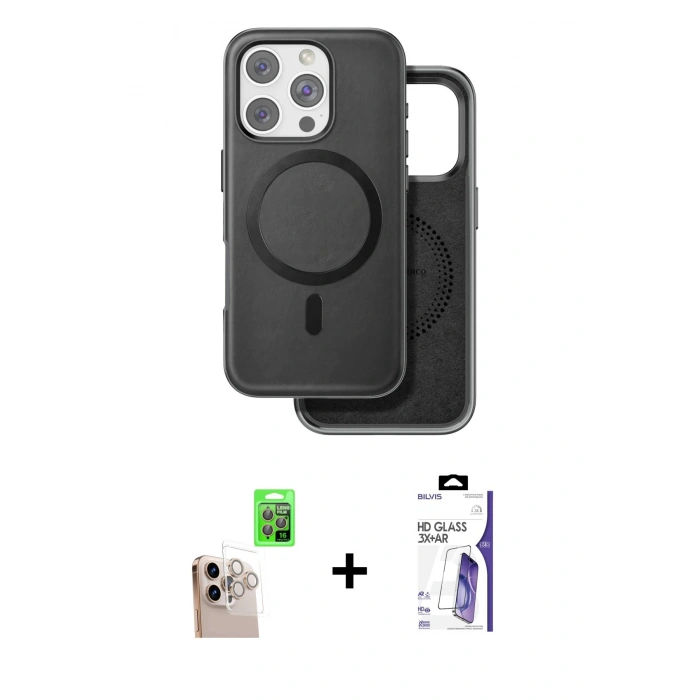 MARSİLYAN™- iPhone 16 Pro Max Kılıf Pusula Işık Koleksiyonu - Siyah Bilvis 3X AR HD Cam Ekran Koruyucu + Raze Metal Kamera Lens - NLGY