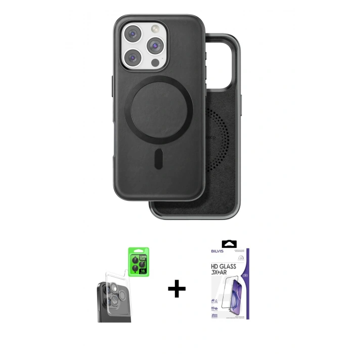 MARSİLYAN™- iPhone 16 Pro Max Kılıf Pusula Işık Koleksiyonu - Siyah Bilvis 3X AR HD Cam Ekran Koruyucu + Raze Metal Kamera Lens - SH